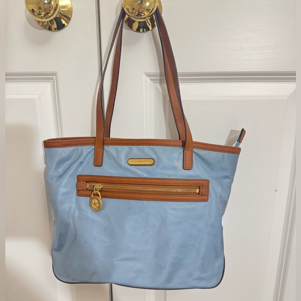 Michael Kors Sky Blue and Tan Leather all over fabric bag